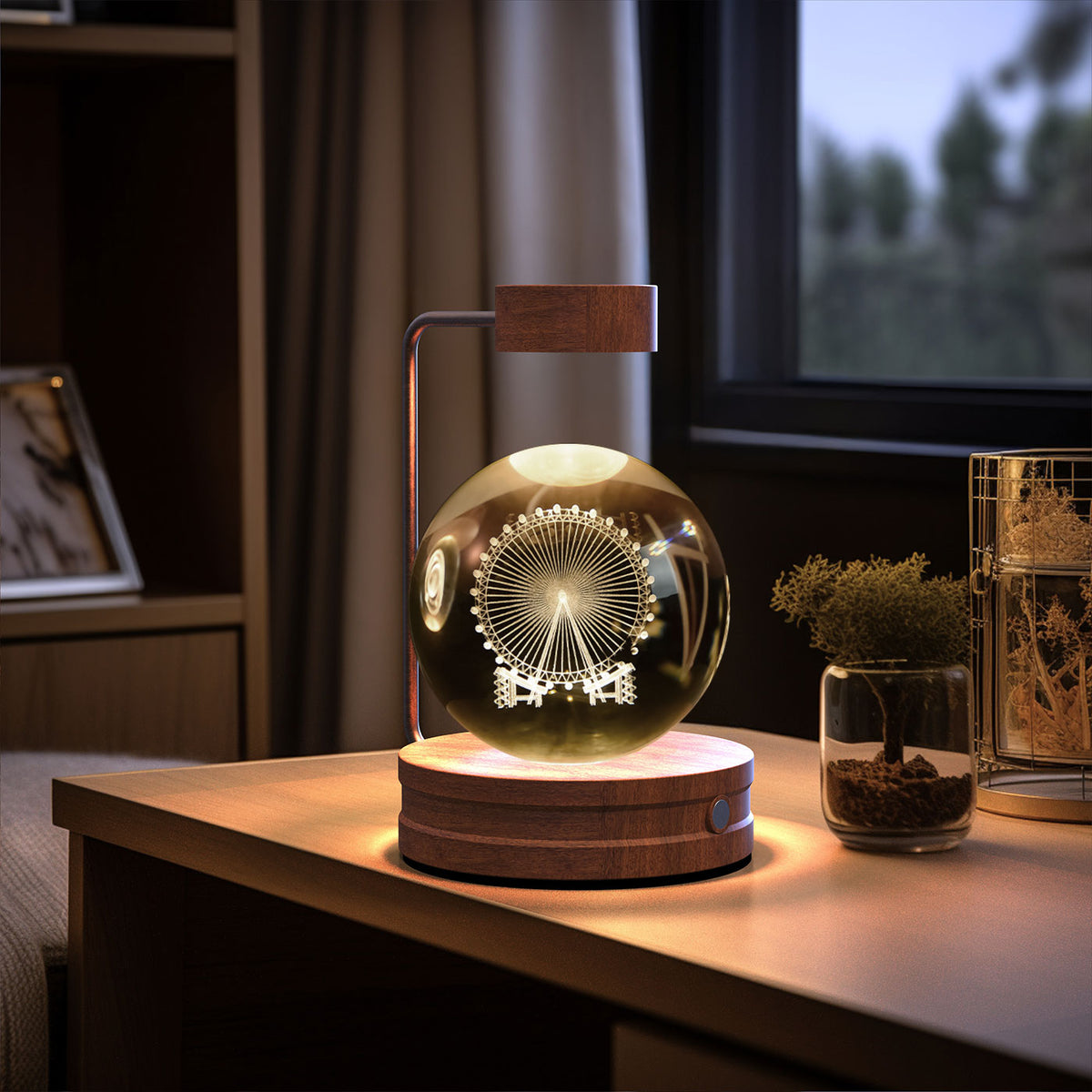 3D Crystal Ball Night Light – Ferris Wheel, Dark Wood
