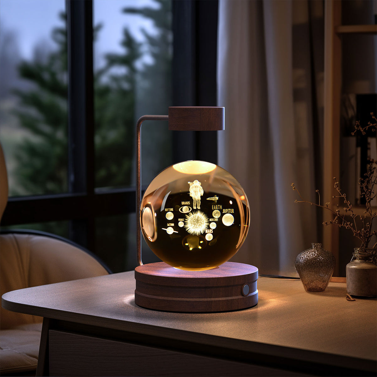 3D Crystal Ball Night Light – Astronauts, Dark Wood