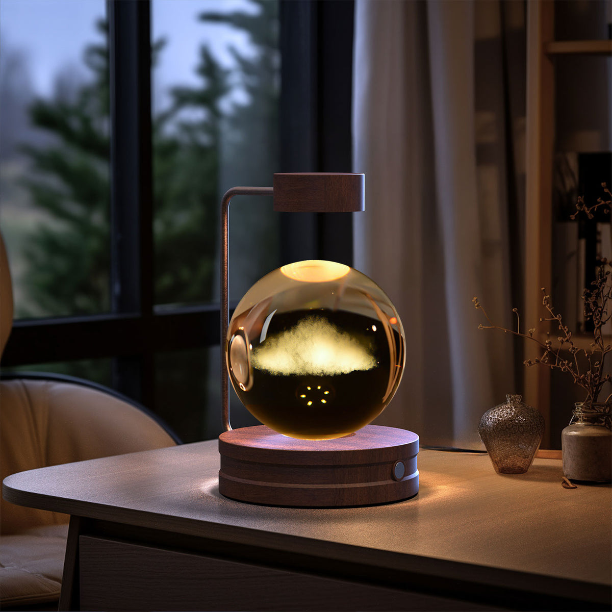 3D Crystal Ball Night Light – Clouds, Dark Wood