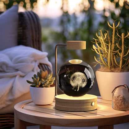 3D Crystal Ball Night Light – Dandelions, Light Wood
