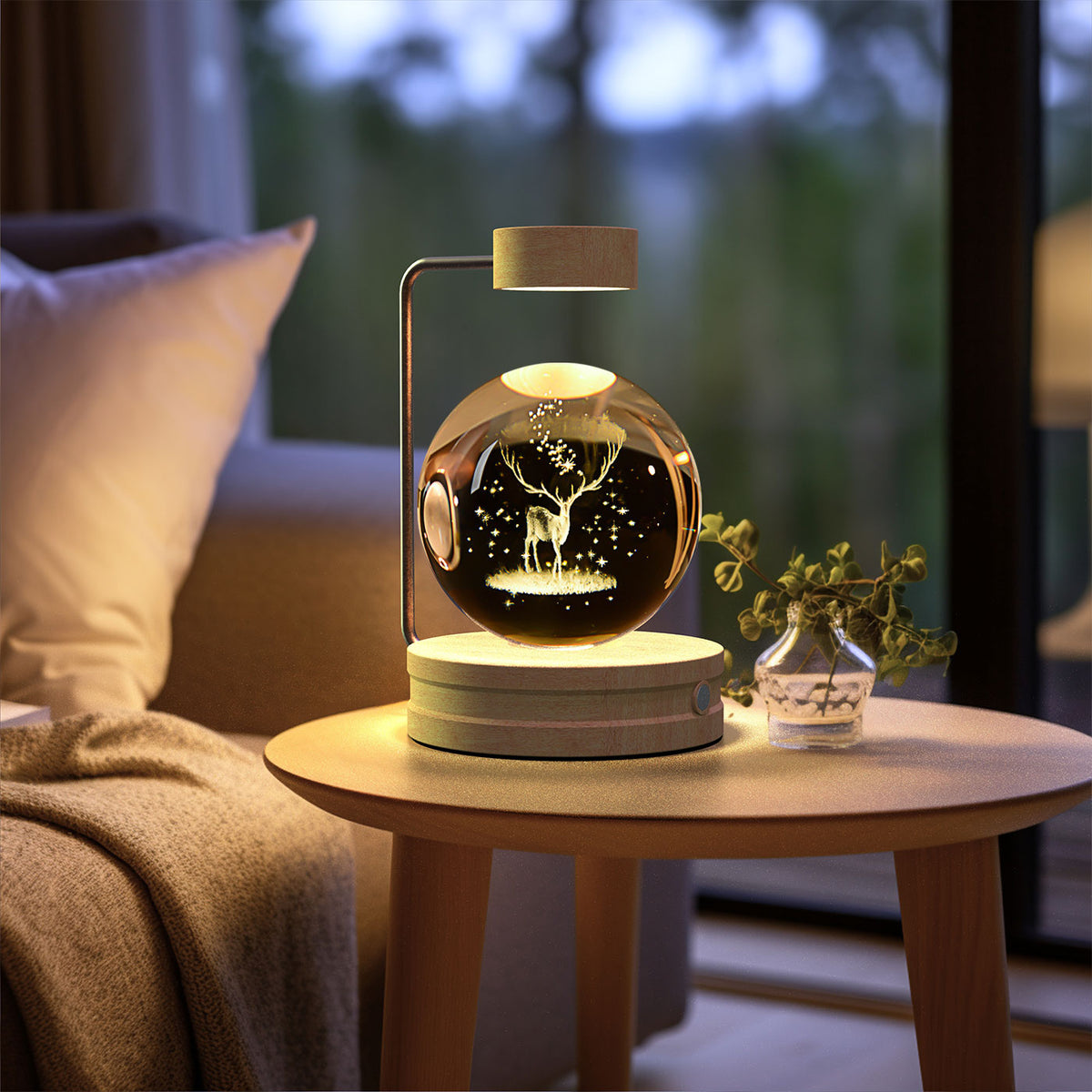 3D Crystal Ball Night Light – Deer, Light Wood