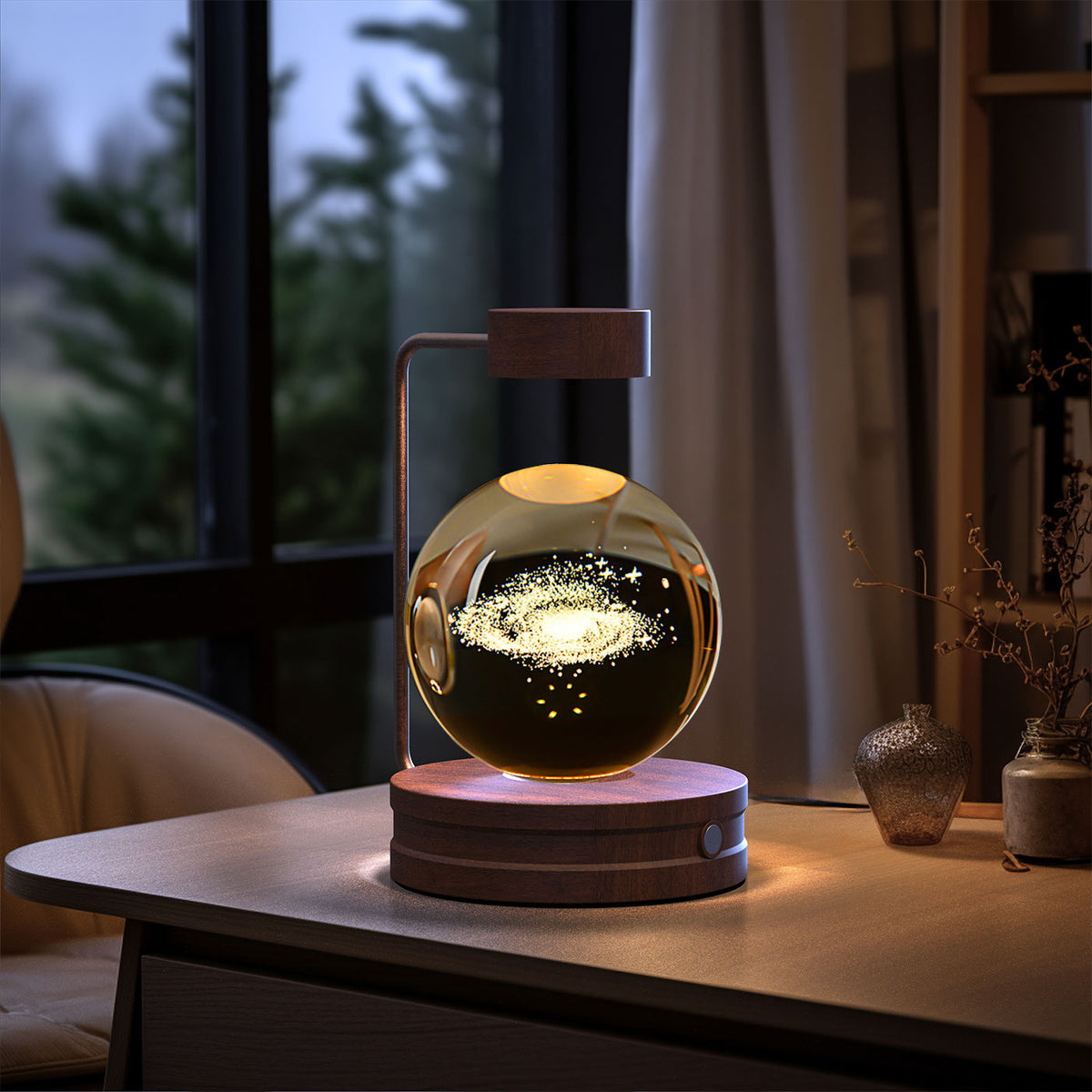 3D Crystal Ball Night Light – Galaxy, Dark Wood